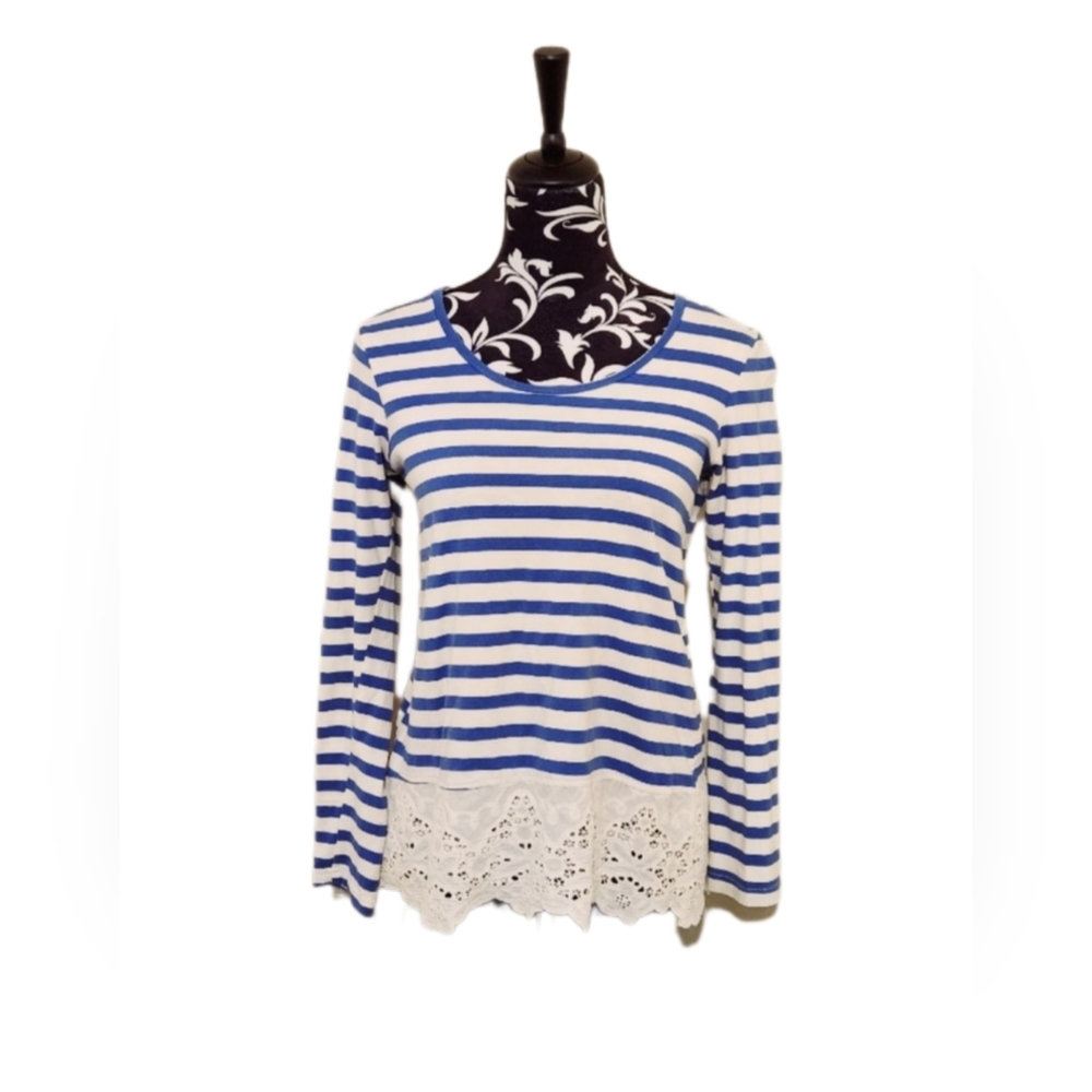 Anthropologie Lilis Closet Blue & White Stripes w/ Lace Hem Size XS